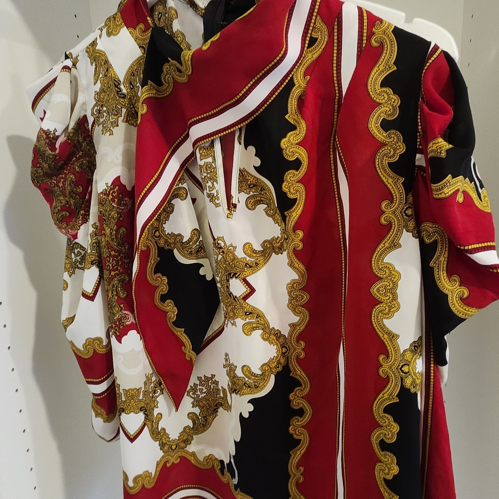 New York & Company Red Black White Baroque-Print Top with Scarf Neck